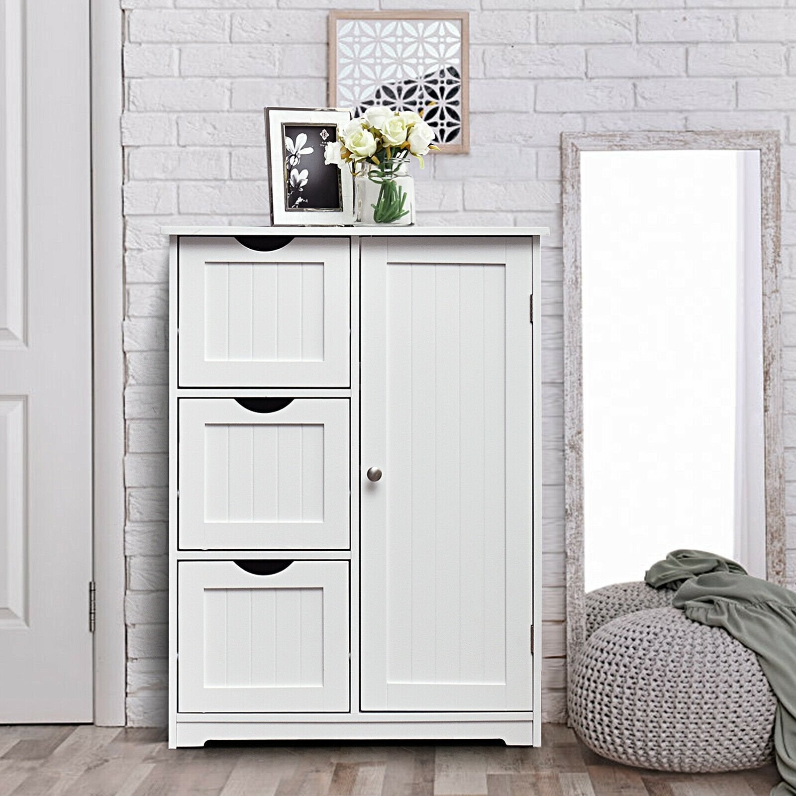 Bathroom Floor Cabinet Side Storage Cabinet with 3 Drawers and 1 Cupboard, White Floor Cabinets   at Gallery Canada