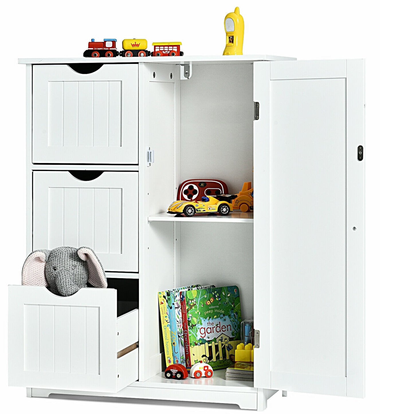 Bathroom Floor Cabinet Side Storage Cabinet with 3 Drawers and 1 Cupboard, White - Gallery Canada