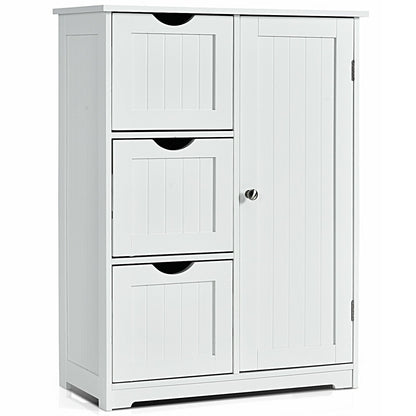 Bathroom Floor Cabinet Side Storage Cabinet with 3 Drawers and 1 Cupboard, White Floor Cabinets   at Gallery Canada