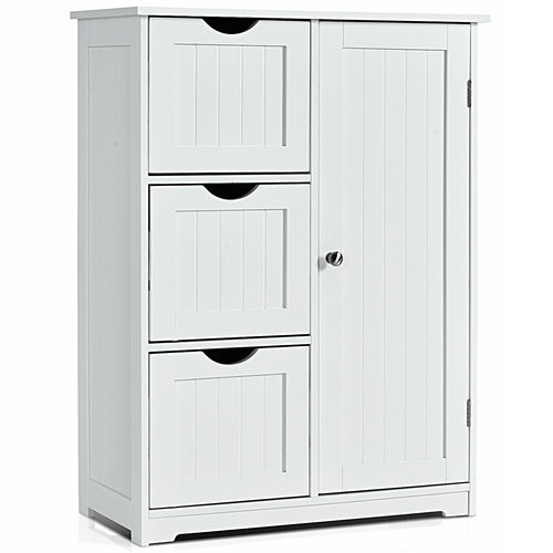 Bathroom Floor Cabinet Side Storage Cabinet with 3 Drawers and 1 Cupboard, White