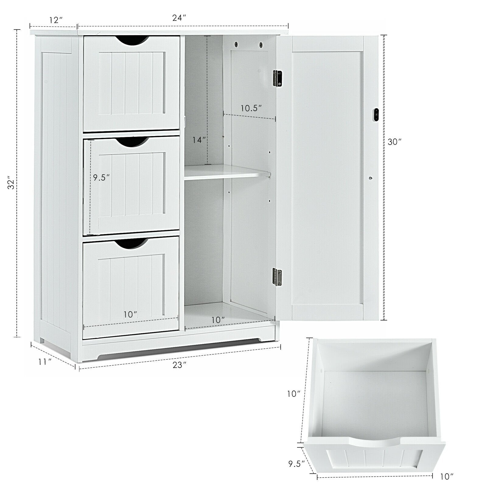 Bathroom Floor Cabinet Side Storage Cabinet with 3 Drawers and 1 Cupboard, White Floor Cabinets   at Gallery Canada