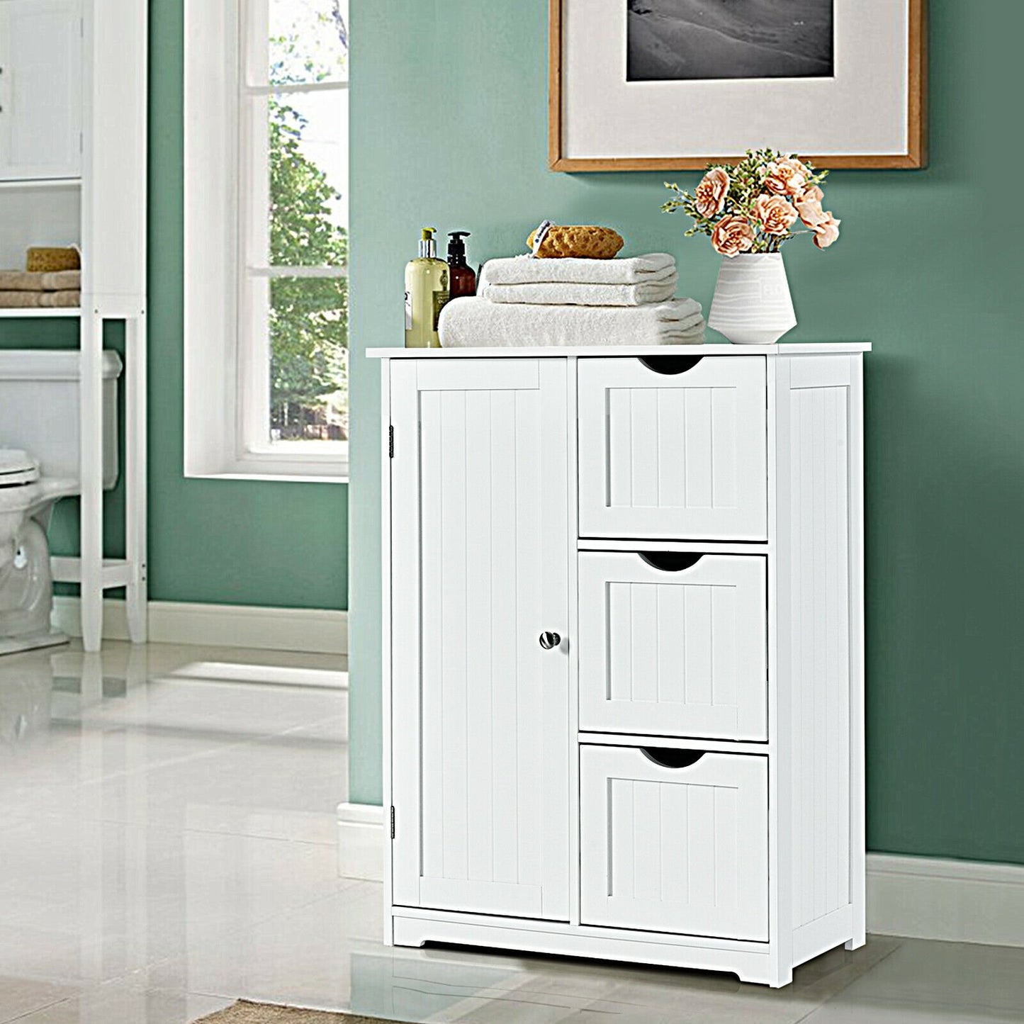 Bathroom Floor Cabinet Side Storage Cabinet with 3 Drawers and 1 Cupboard, White Floor Cabinets   at Gallery Canada