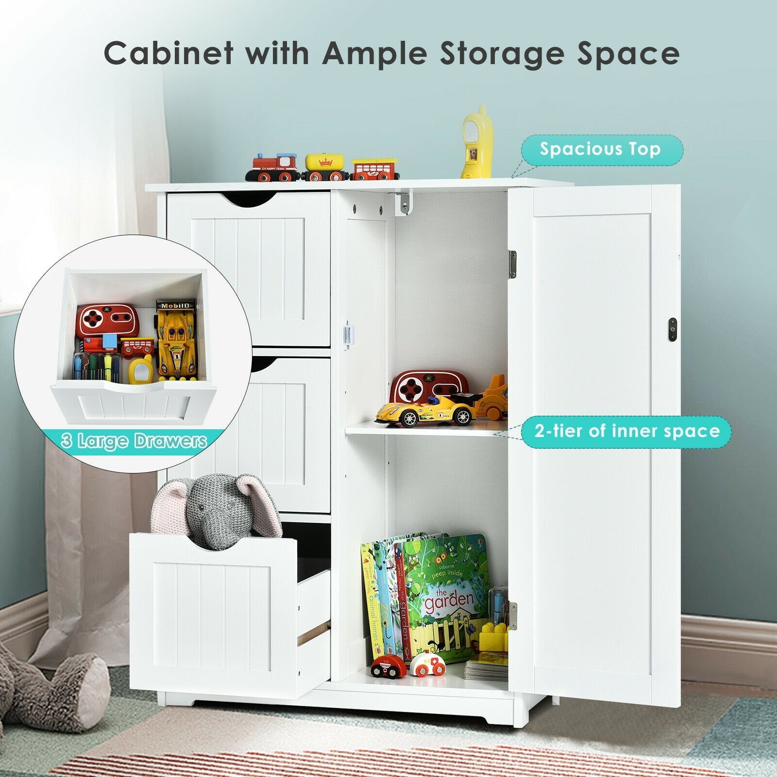 Bathroom Floor Cabinet Side Storage Cabinet with 3 Drawers and 1 Cupboard, White - Gallery Canada