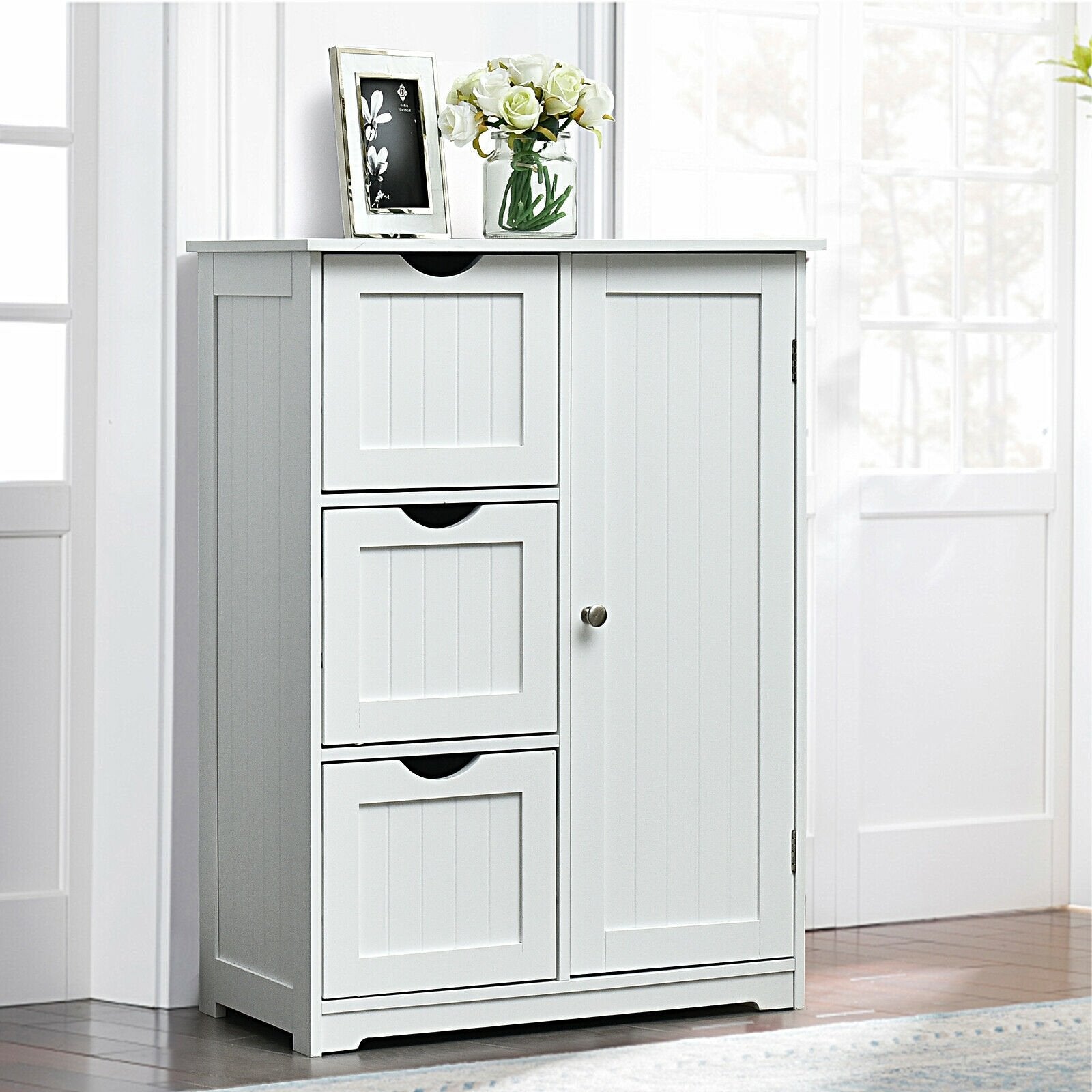 Bathroom Floor Cabinet Side Storage Cabinet with 3 Drawers and 1 Cupboard, White Floor Cabinets   at Gallery Canada