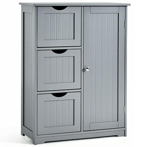 Bathroom Floor Cabinet Side Storage Cabinet with 3 Drawers and 1 Cupboard, Gray