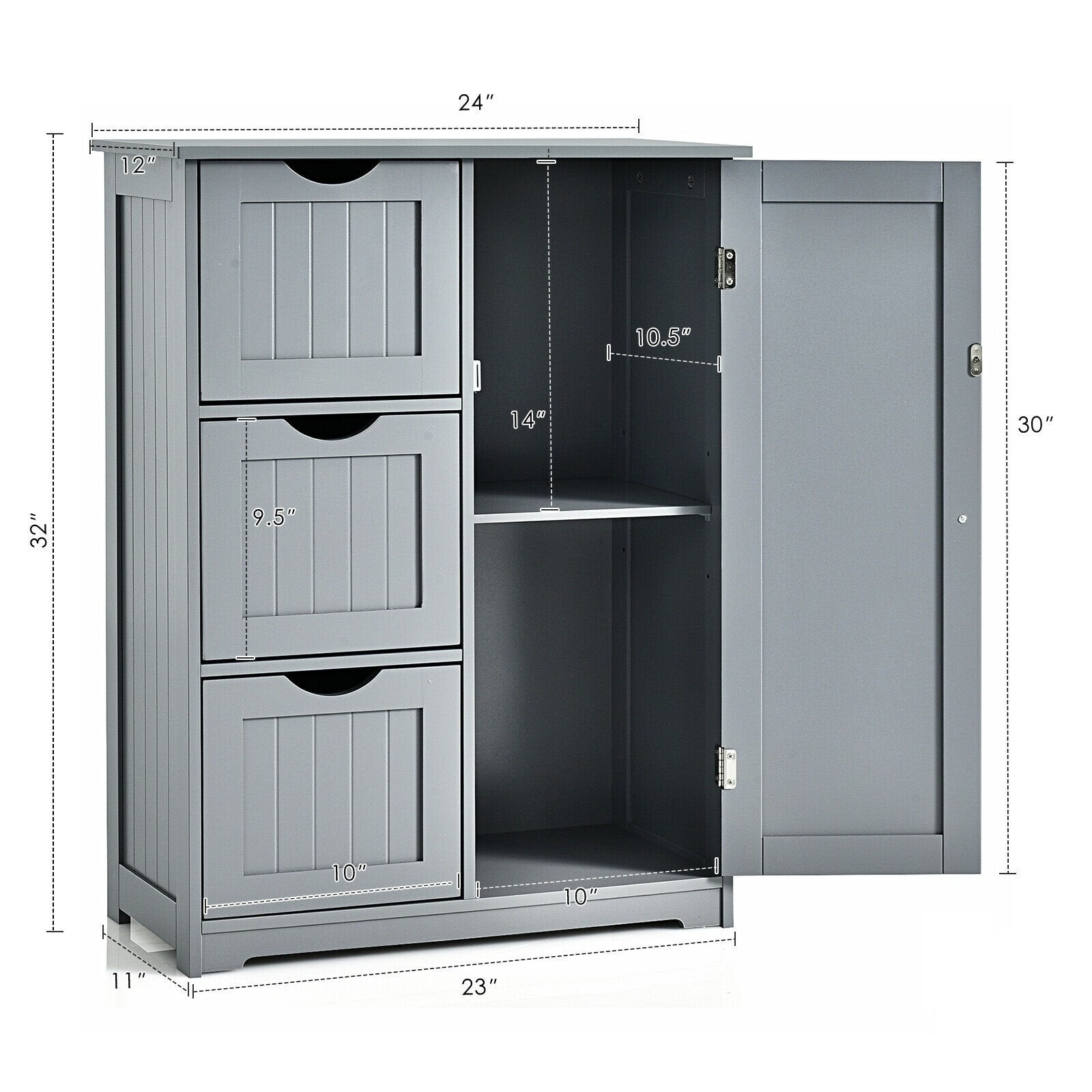 Bathroom Floor Cabinet Side Storage Cabinet with 3 Drawers and 1 Cupboard, Gray Floor Cabinets   at Gallery Canada