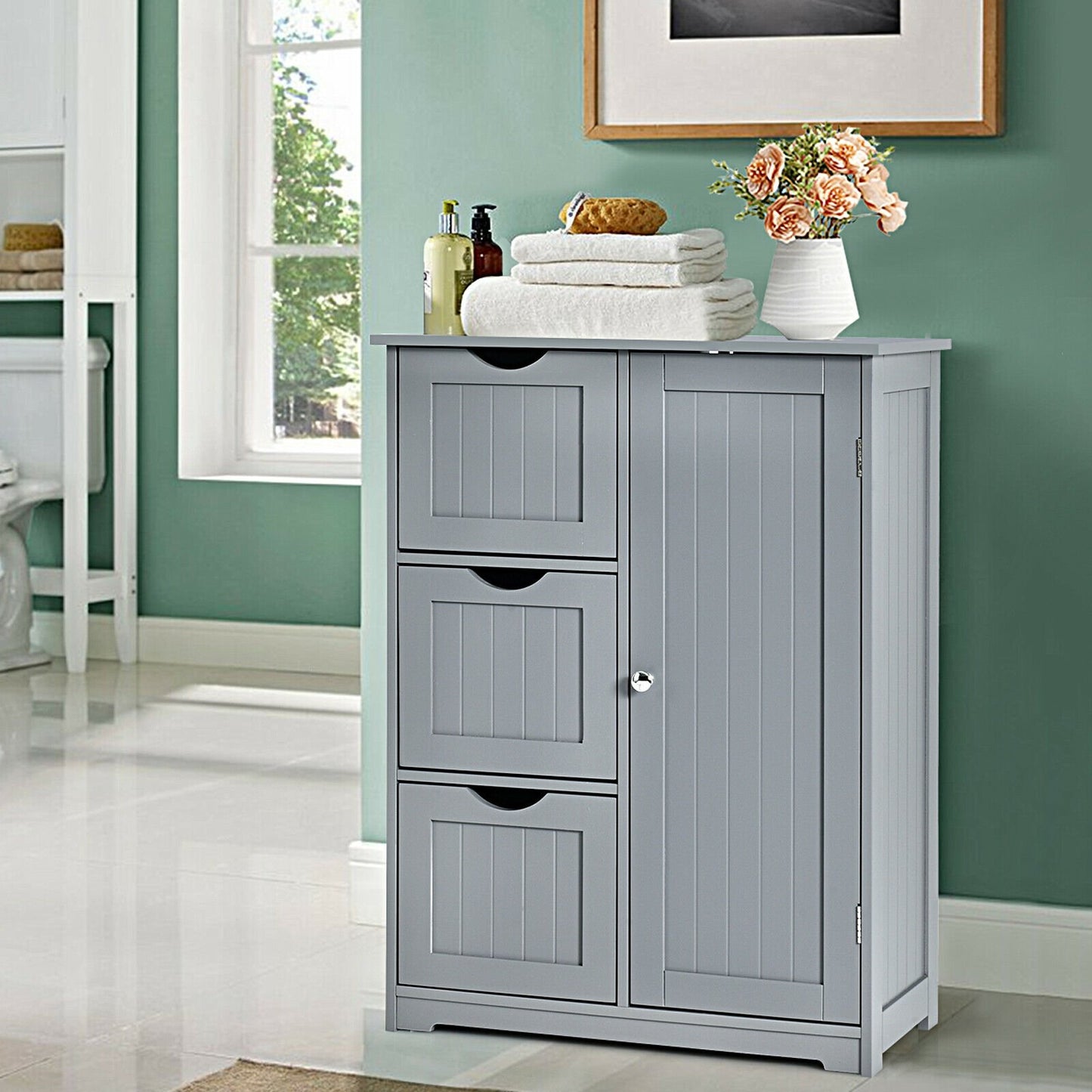 Bathroom Floor Cabinet Side Storage Cabinet with 3 Drawers and 1 Cupboard, Gray Floor Cabinets   at Gallery Canada