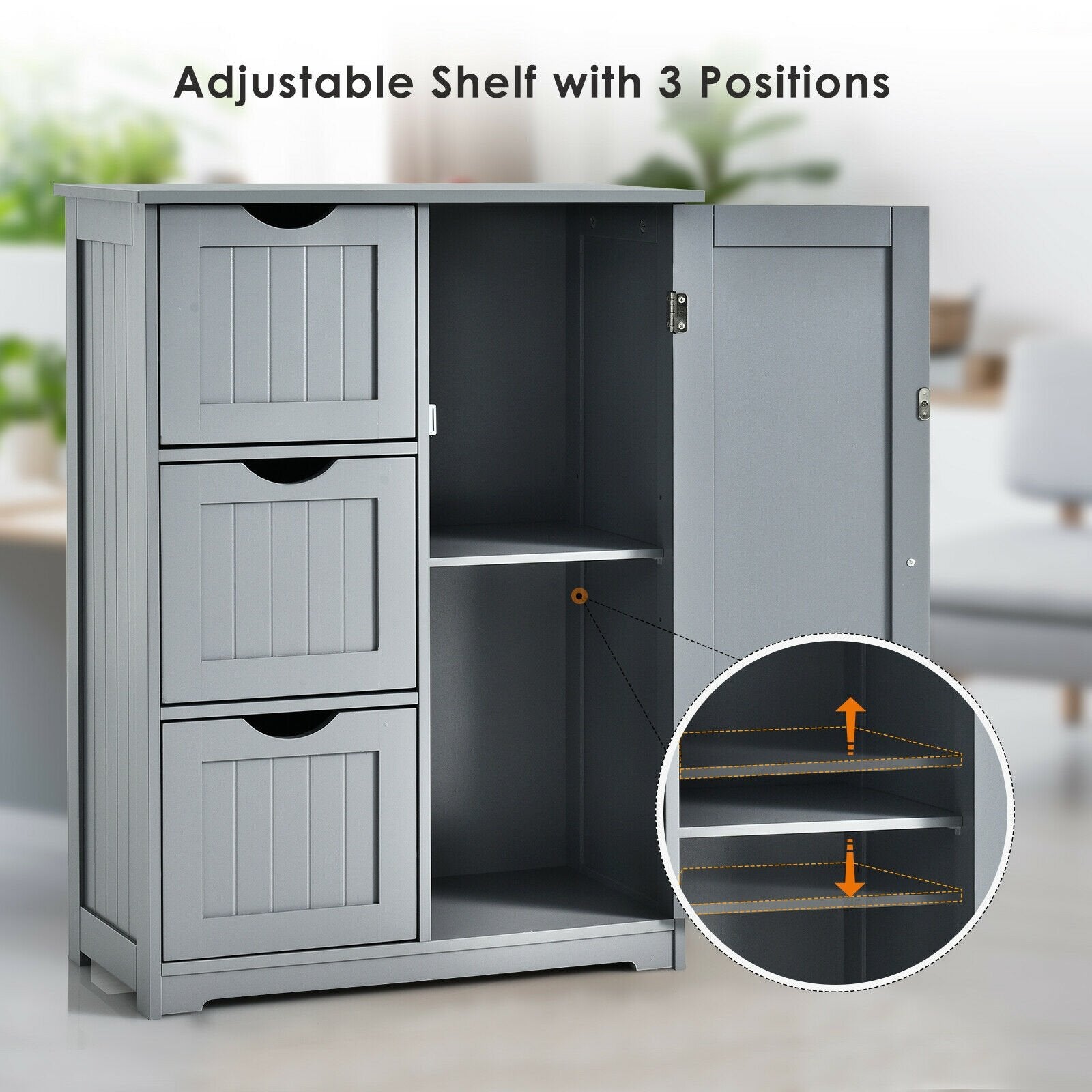 Bathroom Floor Cabinet Side Storage Cabinet with 3 Drawers and 1 Cupboard, Gray - Gallery Canada