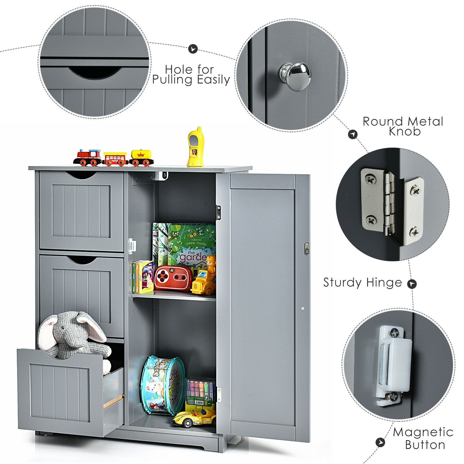 Bathroom Floor Cabinet Side Storage Cabinet with 3 Drawers and 1 Cupboard, Gray - Gallery Canada