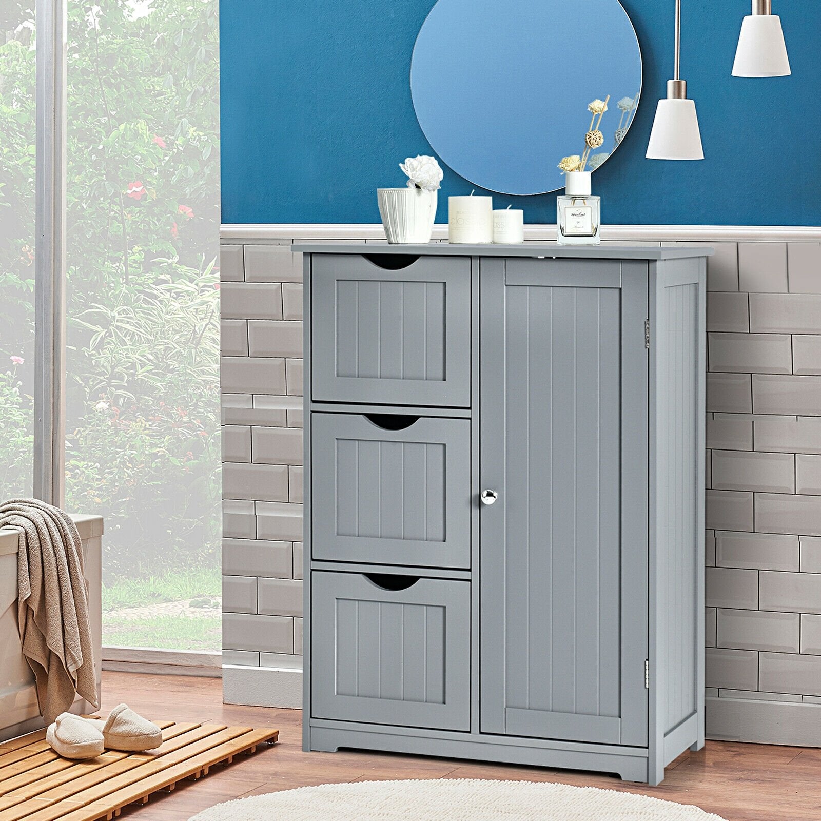 Bathroom Floor Cabinet Side Storage Cabinet with 3 Drawers and 1 Cupboard, Gray Floor Cabinets   at Gallery Canada