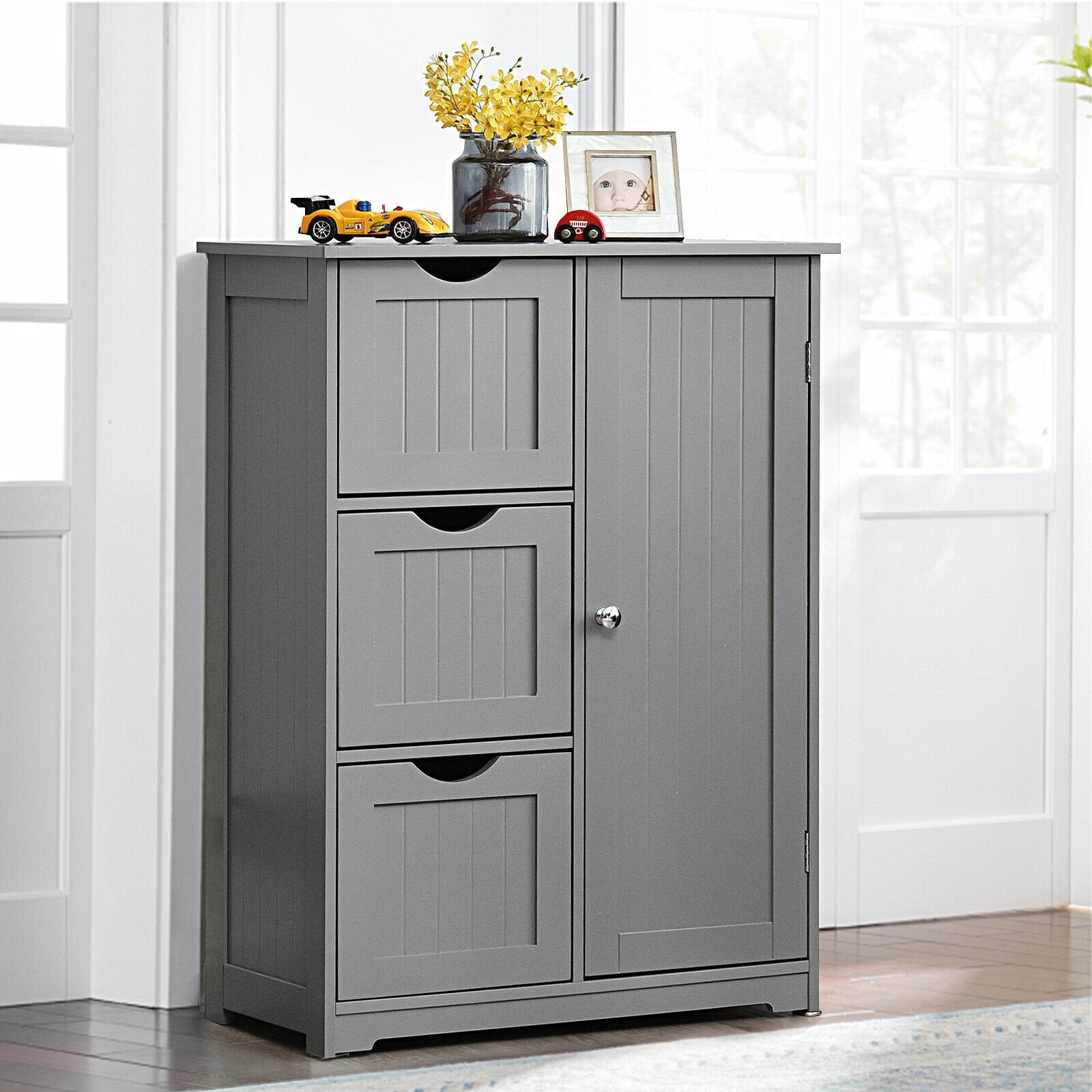 Bathroom Floor Cabinet Side Storage Cabinet with 3 Drawers and 1 Cupboard, Gray - Gallery Canada