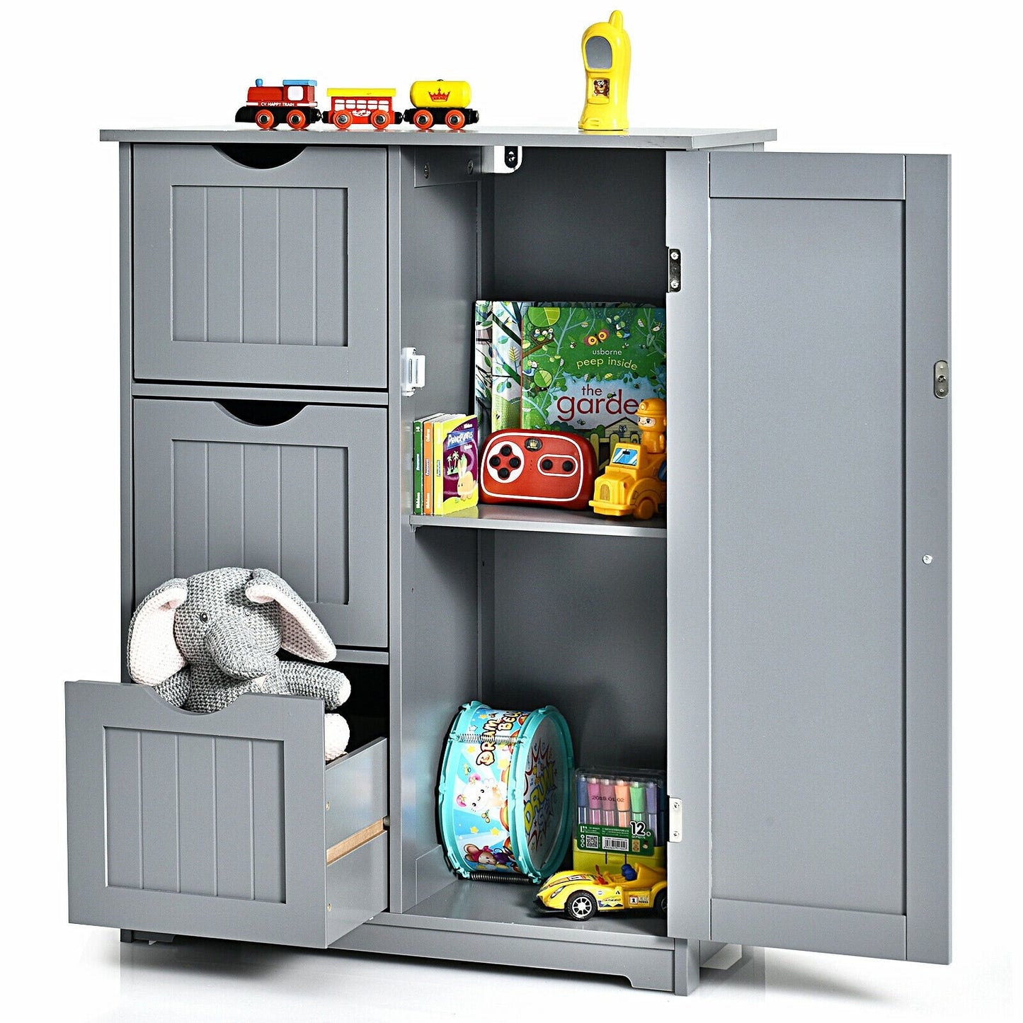 Bathroom Floor Cabinet Side Storage Cabinet with 3 Drawers and 1 Cupboard, Gray - Gallery Canada