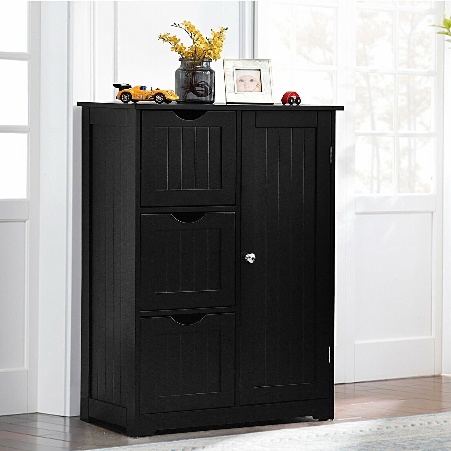 Bathroom Floor Cabinet Side Storage Cabinet with 3 Drawers and 1 Cupboard, Black - Gallery Canada