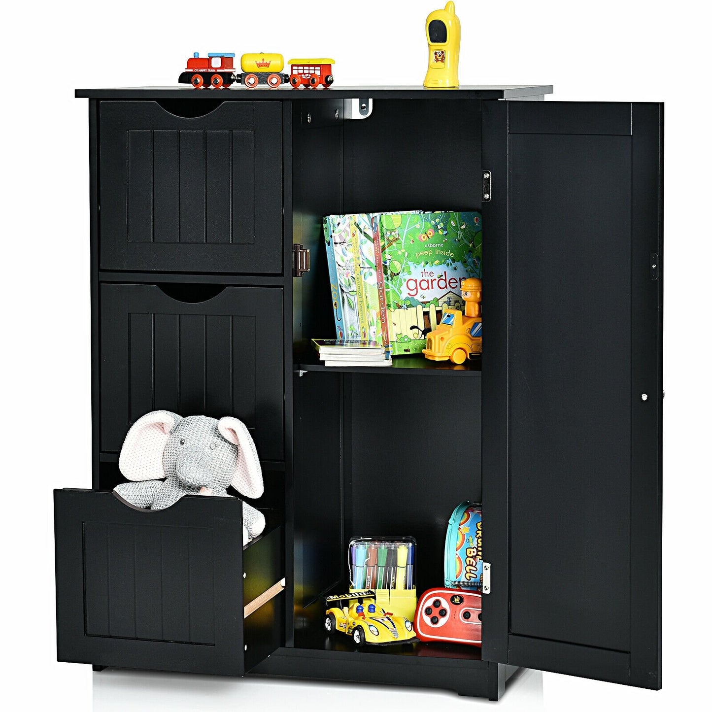 Bathroom Floor Cabinet Side Storage Cabinet with 3 Drawers and 1 Cupboard, Black - Gallery Canada