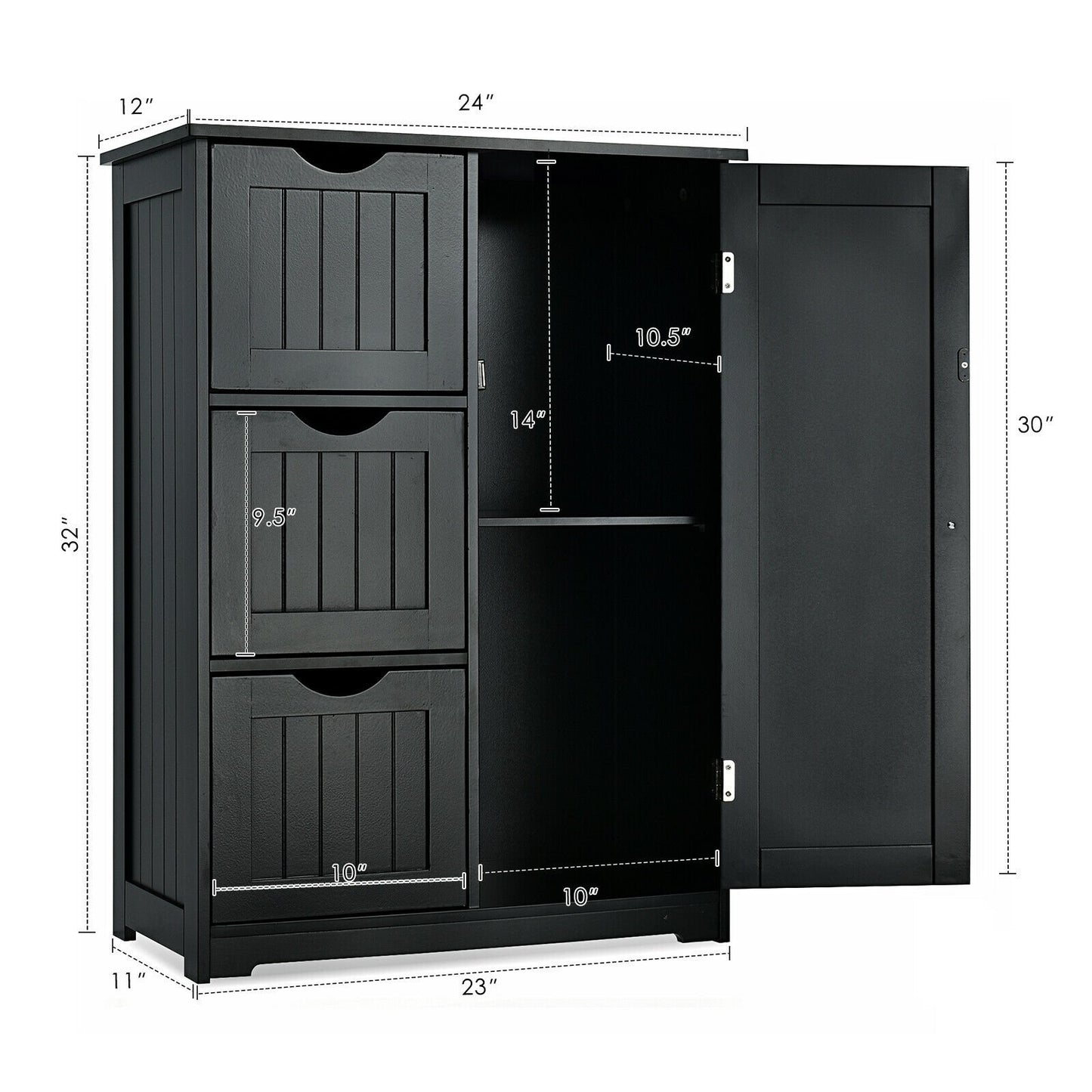 Bathroom Floor Cabinet Side Storage Cabinet with 3 Drawers and 1 Cupboard, Black Floor Cabinets   at Gallery Canada