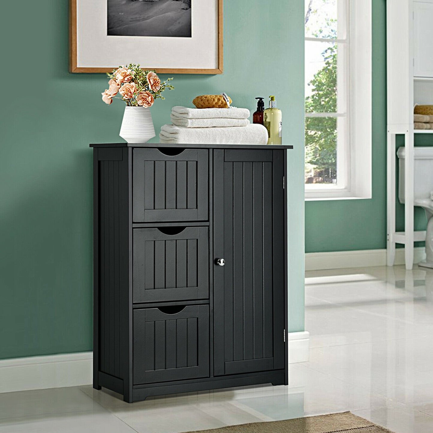 Bathroom Floor Cabinet Side Storage Cabinet with 3 Drawers and 1 Cupboard, Black Floor Cabinets   at Gallery Canada