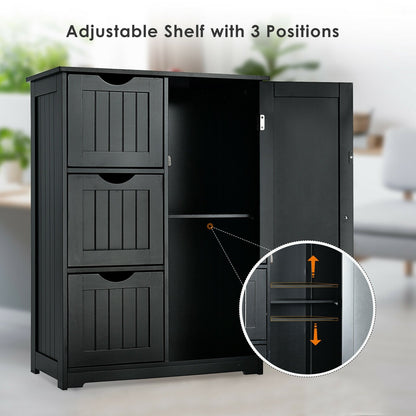 Bathroom Floor Cabinet Side Storage Cabinet with 3 Drawers and 1 Cupboard, Black - Gallery Canada