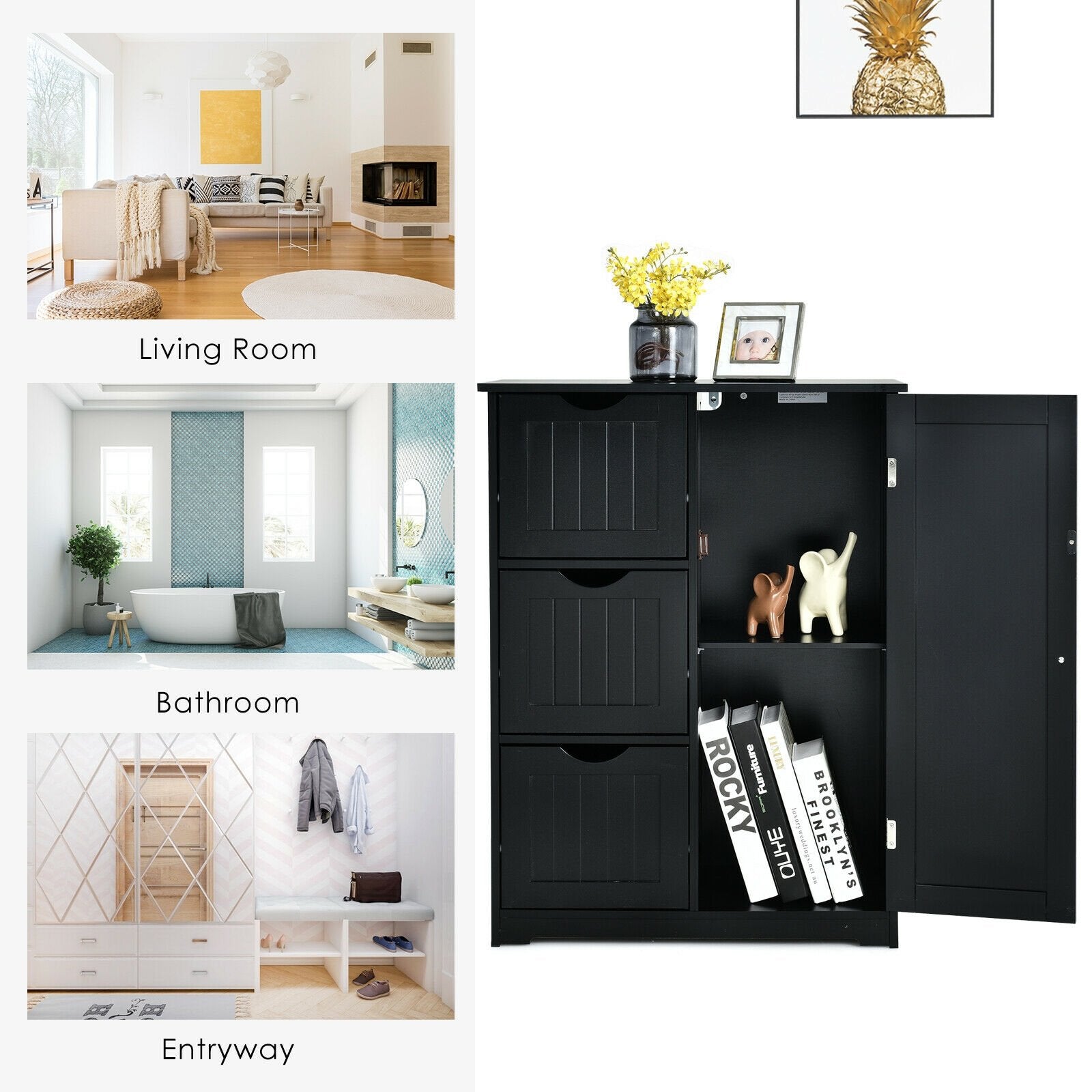 Bathroom Floor Cabinet Side Storage Cabinet with 3 Drawers and 1 Cupboard, Black - Gallery Canada