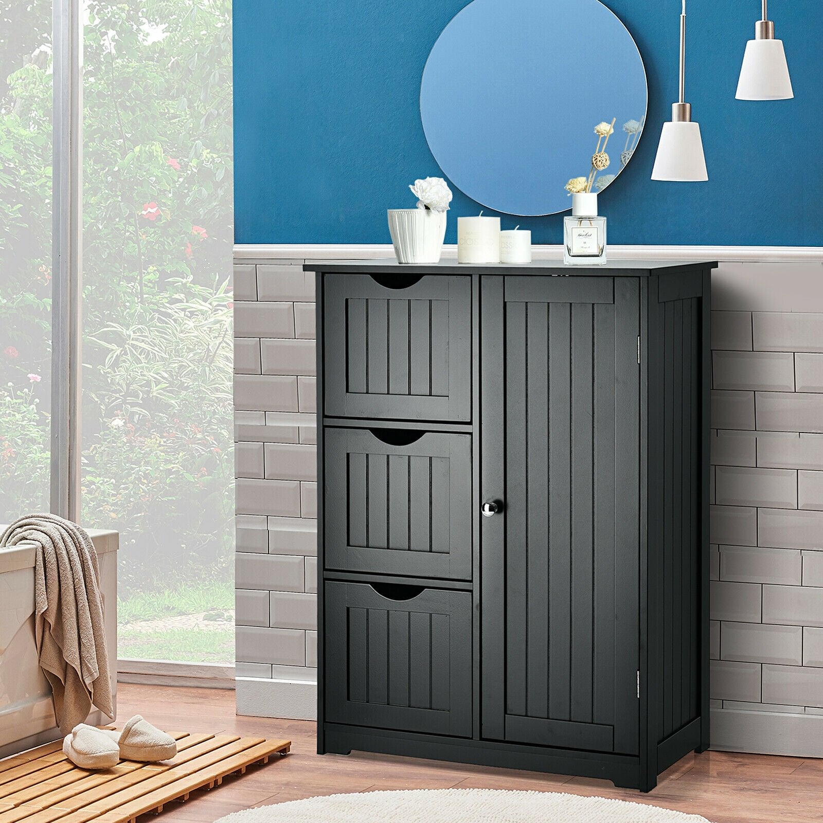 Bathroom Floor Cabinet Side Storage Cabinet with 3 Drawers and 1 Cupboard, Black Floor Cabinets   at Gallery Canada