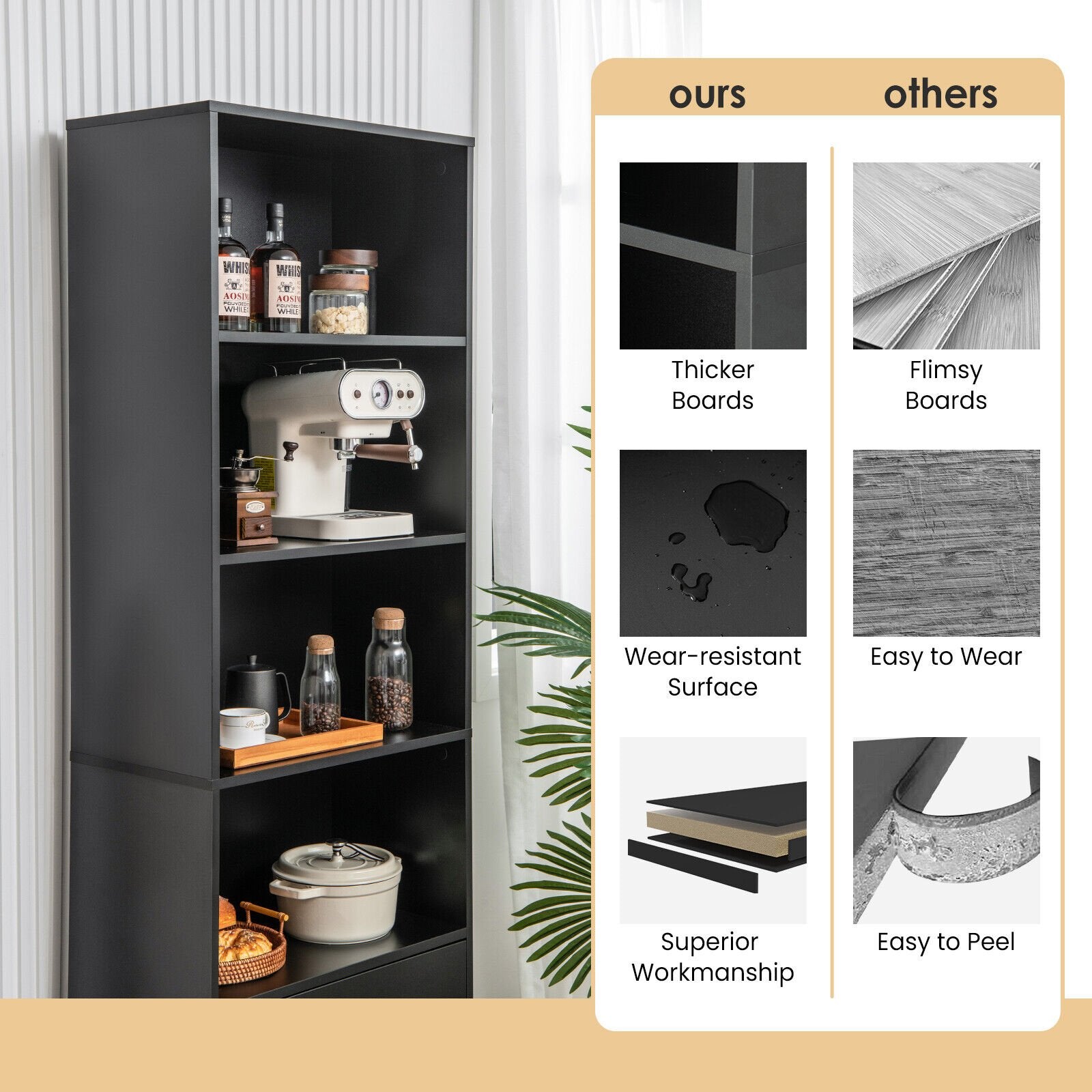 6-Tier Tall Freestanding Bookshelf with 4 Open Shelves and 2 Drawers, Black - Gallery Canada