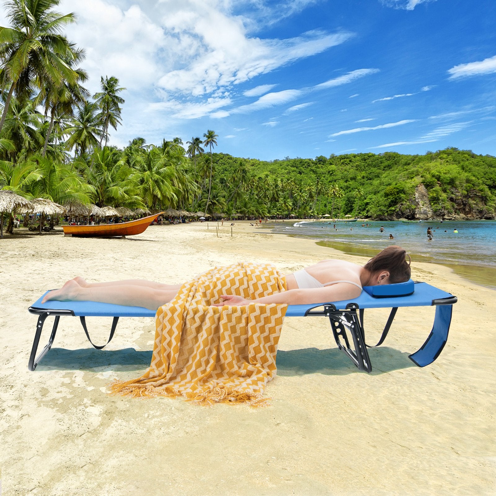 Beach Chaise Lounge Chair with Face Hole and Removable Pillow, Blue Outdoor Chaise Lounges   at Gallery Canada