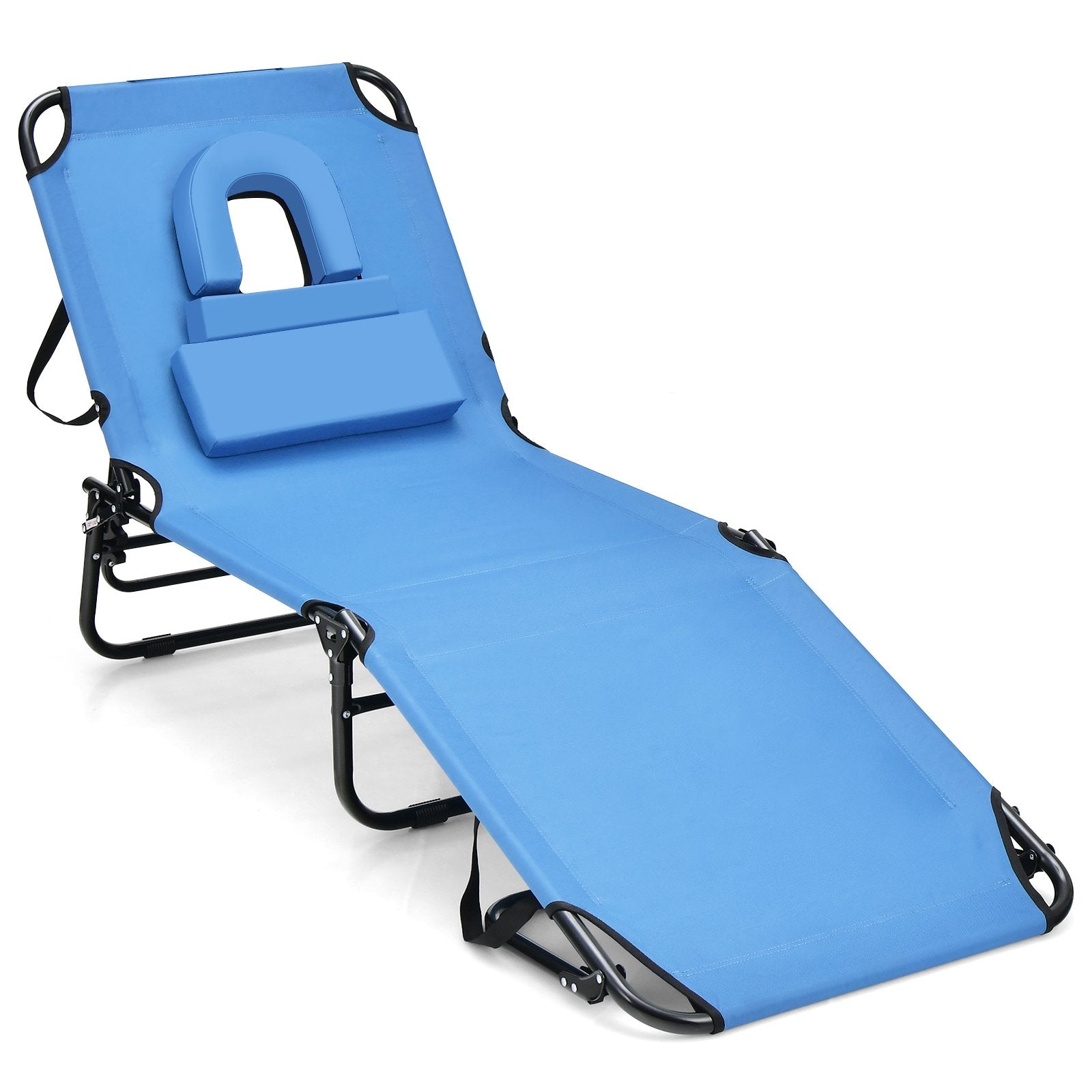 Beach Chaise Lounge Chair with Face Hole and Removable Pillow, Blue Outdoor Chaise Lounges   at Gallery Canada