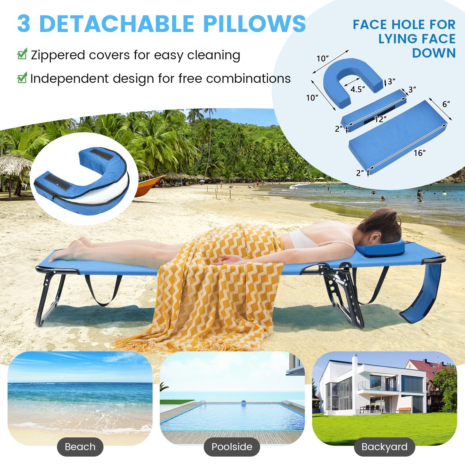 Beach Chaise Lounge Chair with Face Hole and Removable Pillow, Blue Outdoor Chaise Lounges   at Gallery Canada