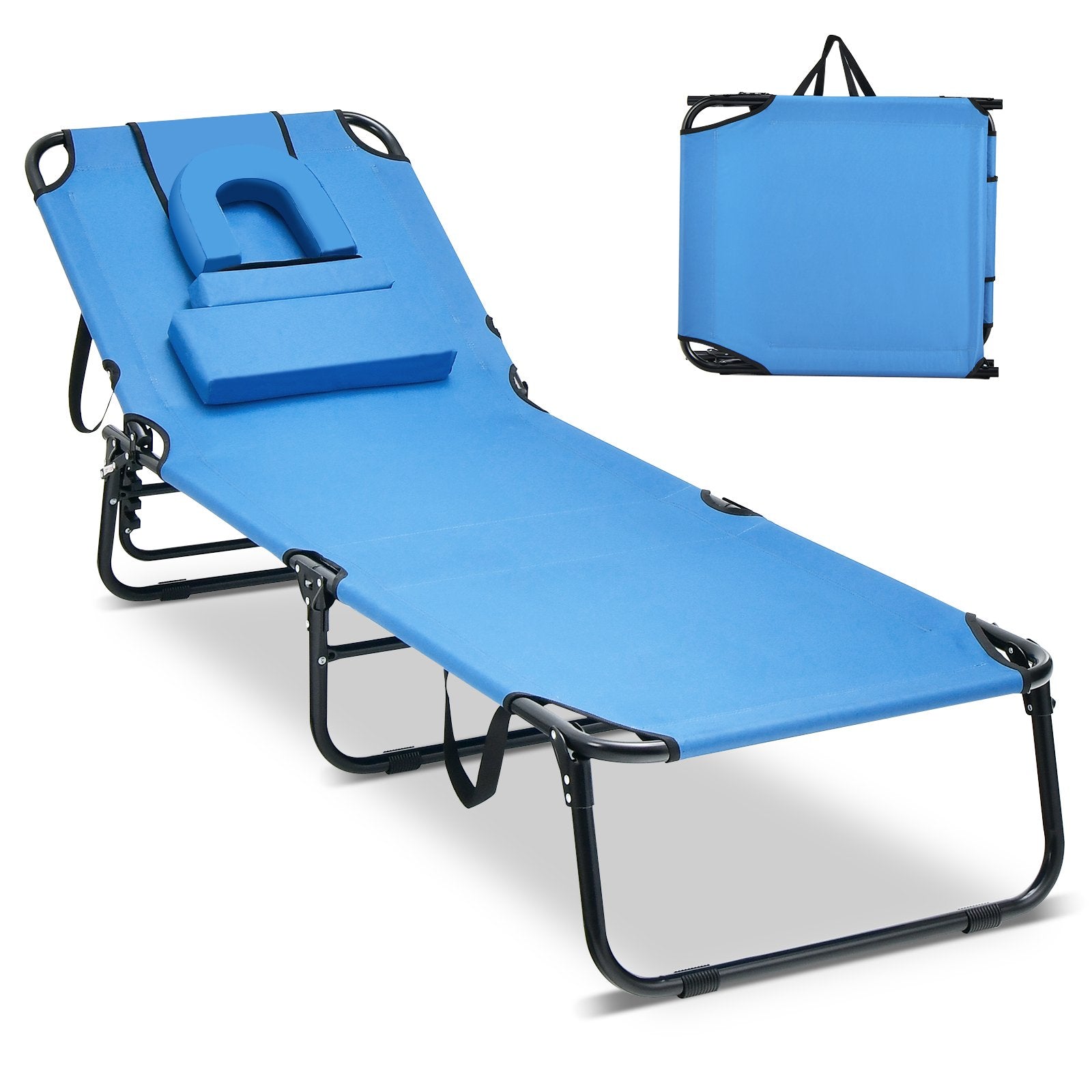 Beach Chaise Lounge Chair with Face Hole and Removable Pillow, Blue Outdoor Chaise Lounges   at Gallery Canada