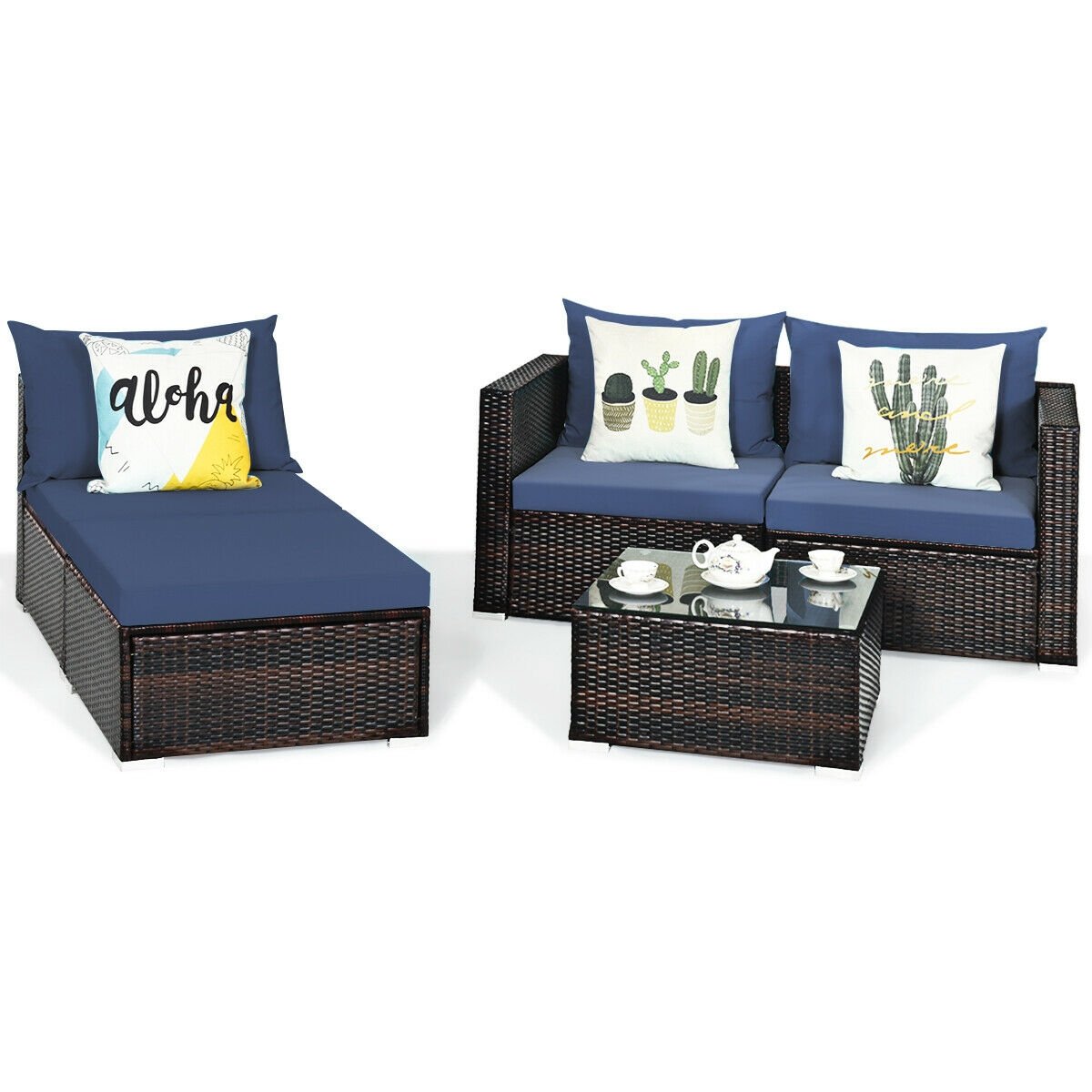 5 Pieces Patio Rattan Sectional Furniture Set with Cushions and Coffee Table , Navy Outdoor Sectionals   at Gallery Canada