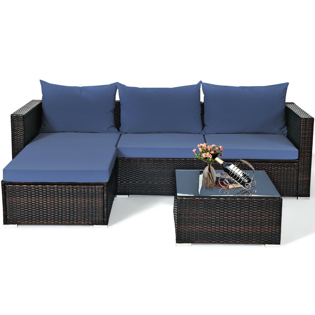 5 Pieces Patio Rattan Sectional Furniture Set with Cushions and Coffee Table , Navy Outdoor Sectionals   at Gallery Canada