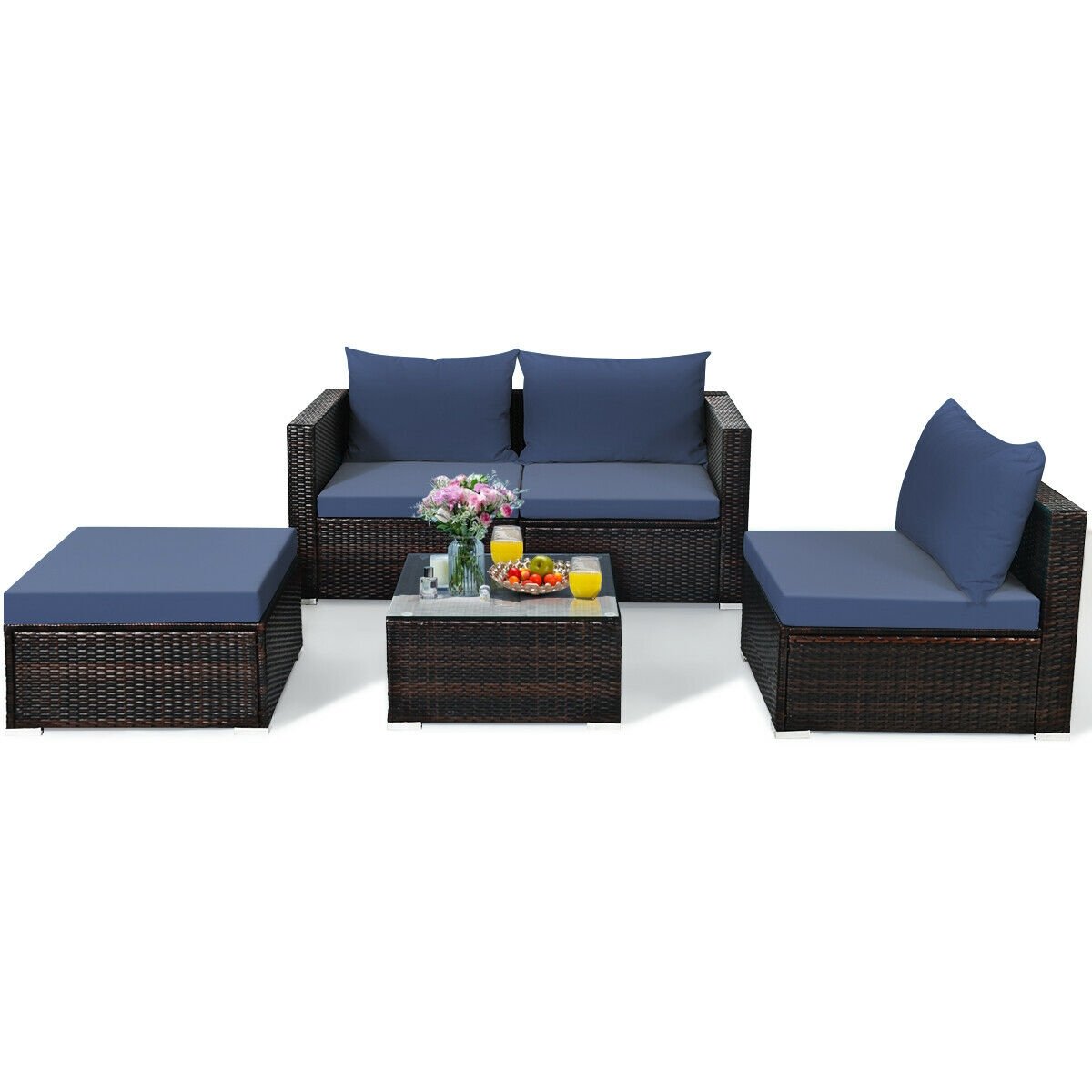 5 Pieces Patio Rattan Sectional Furniture Set with Cushions and Coffee Table , Navy Outdoor Sectionals   at Gallery Canada