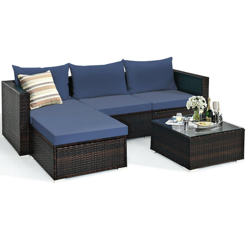 5 Pieces Patio Rattan Sectional Furniture Set with Cushions and Coffee Table , Navy
