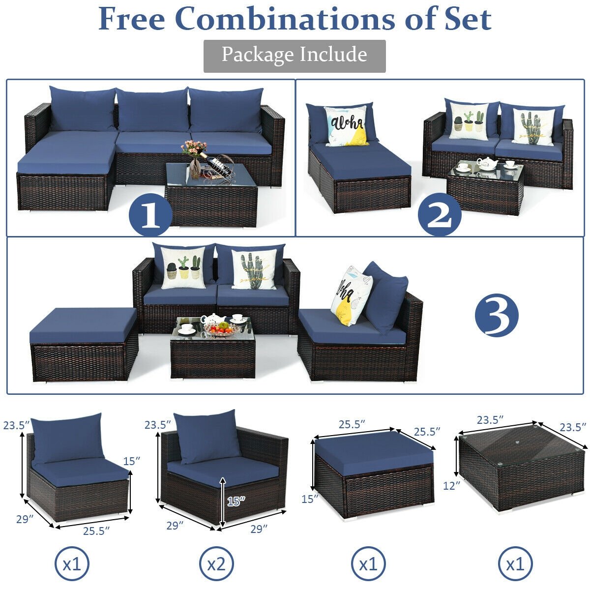 5 Pieces Patio Rattan Sectional Furniture Set with Cushions and Coffee Table , Navy Outdoor Sectionals   at Gallery Canada