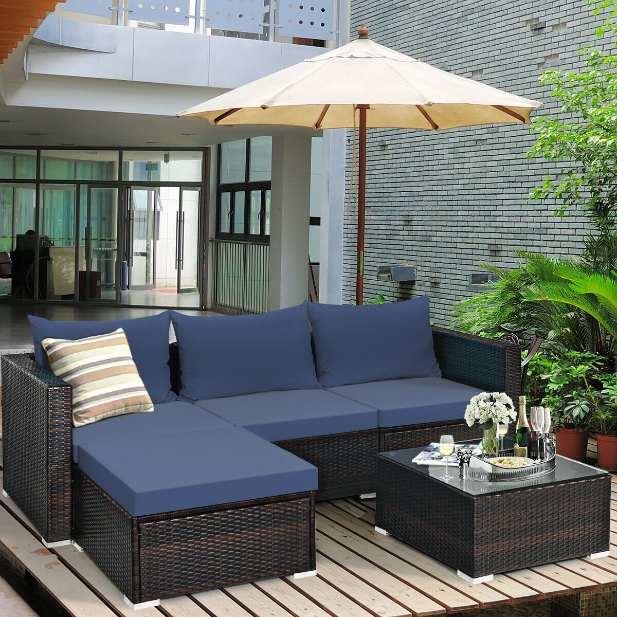 5 Pieces Patio Rattan Sectional Furniture Set with Cushions and Coffee Table , Navy Outdoor Sectionals   at Gallery Canada