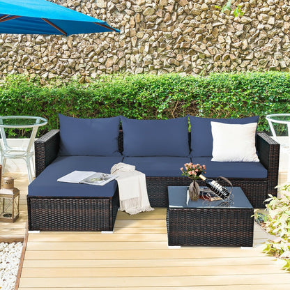 5 Pieces Patio Rattan Sectional Furniture Set with Cushions and Coffee Table , Navy Outdoor Sectionals   at Gallery Canada