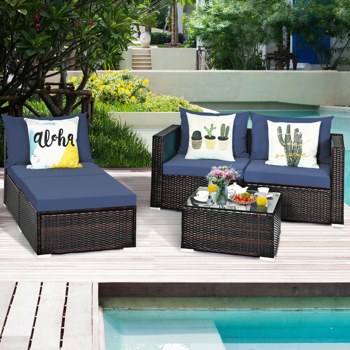 5 Pieces Patio Rattan Sectional Furniture Set with Cushions and Coffee Table , Navy Outdoor Sectionals   at Gallery Canada