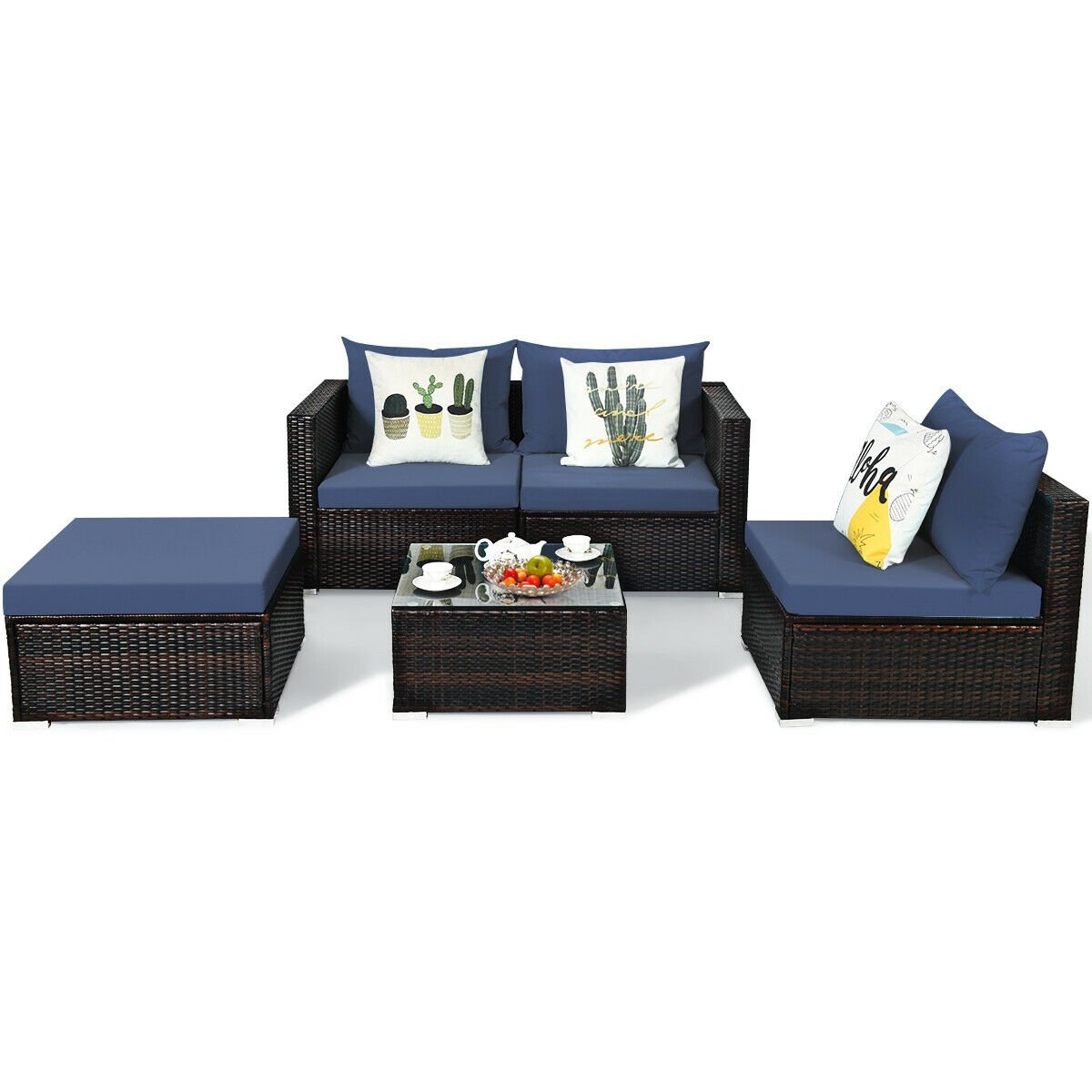 5 Pieces Patio Rattan Sectional Furniture Set with Cushions and Coffee Table , Navy Outdoor Sectionals   at Gallery Canada