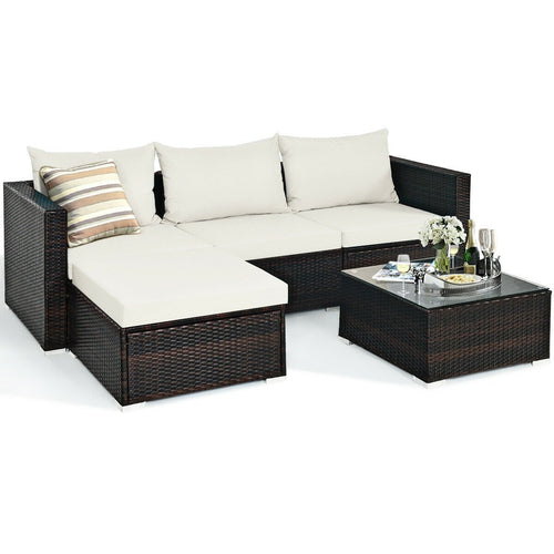 5 Pieces Patio Rattan Furniture Set with Coffee Table, Off White