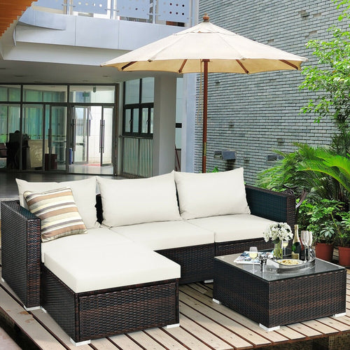 5 Pieces Patio Rattan Furniture Set with Coffee Table, Off White