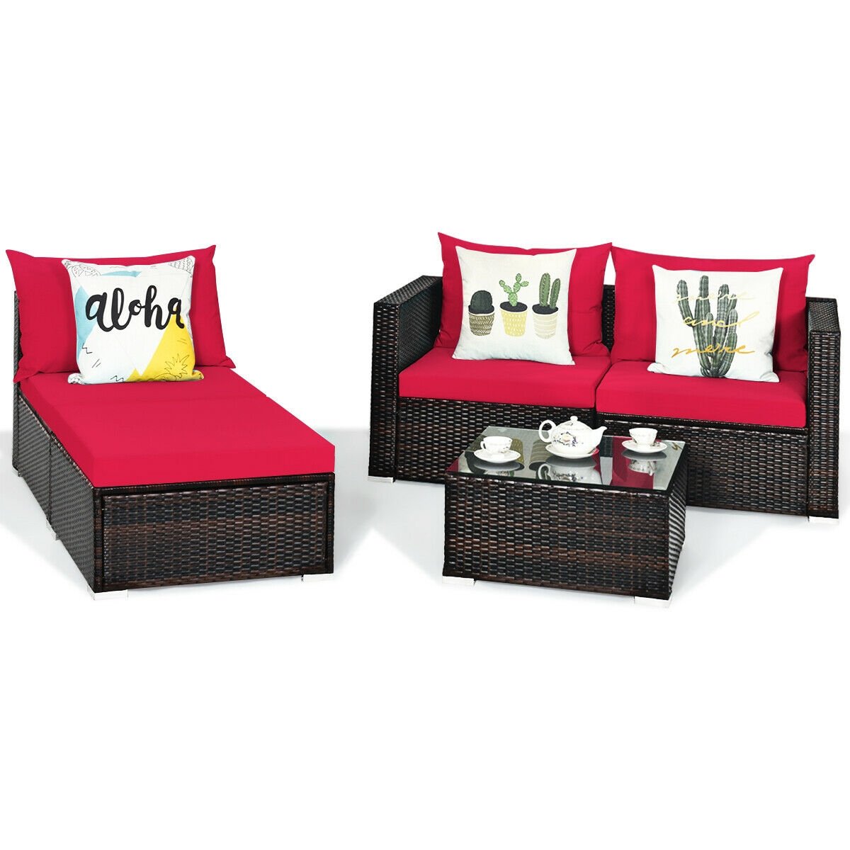 5 Pieces Patio Rattan Sectional Furniture Set with Cushions and Coffee Table, Red - Gallery Canada