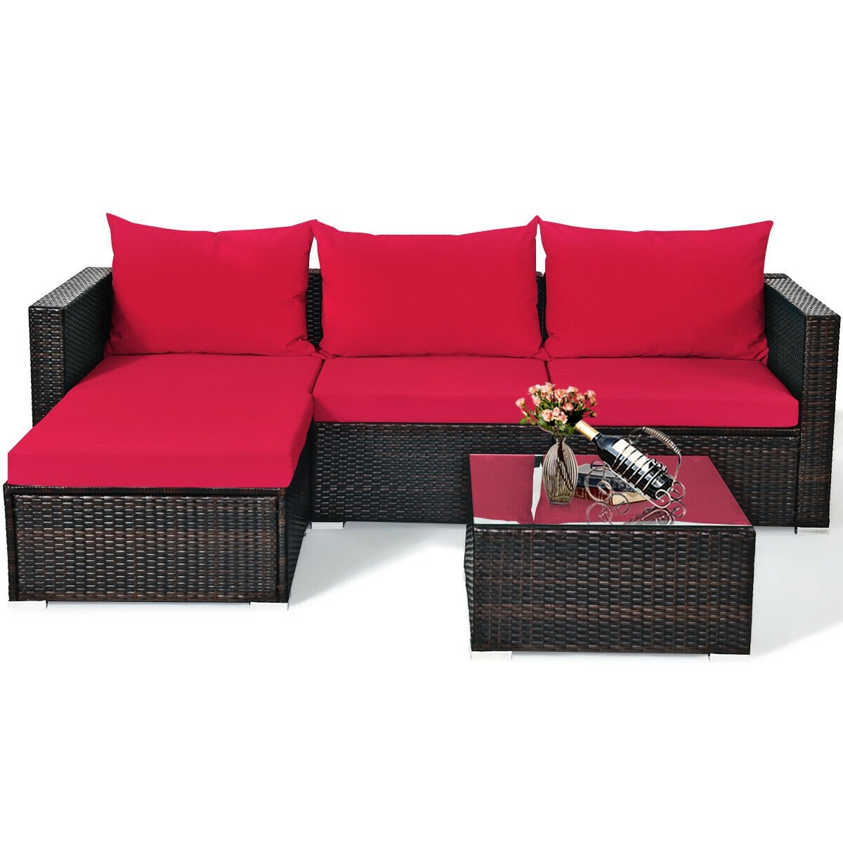 5 Pieces Patio Rattan Sectional Furniture Set with Cushions and Coffee Table, Red Outdoor Sectionals   at Gallery Canada