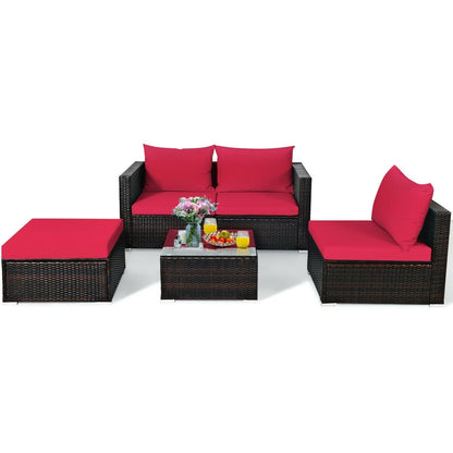 5 Pieces Patio Rattan Sectional Furniture Set with Cushions and Coffee Table, Red - Gallery Canada