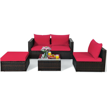 5 Pieces Patio Rattan Sectional Furniture Set with Cushions and Coffee Table, Red Outdoor Sectionals   at Gallery Canada