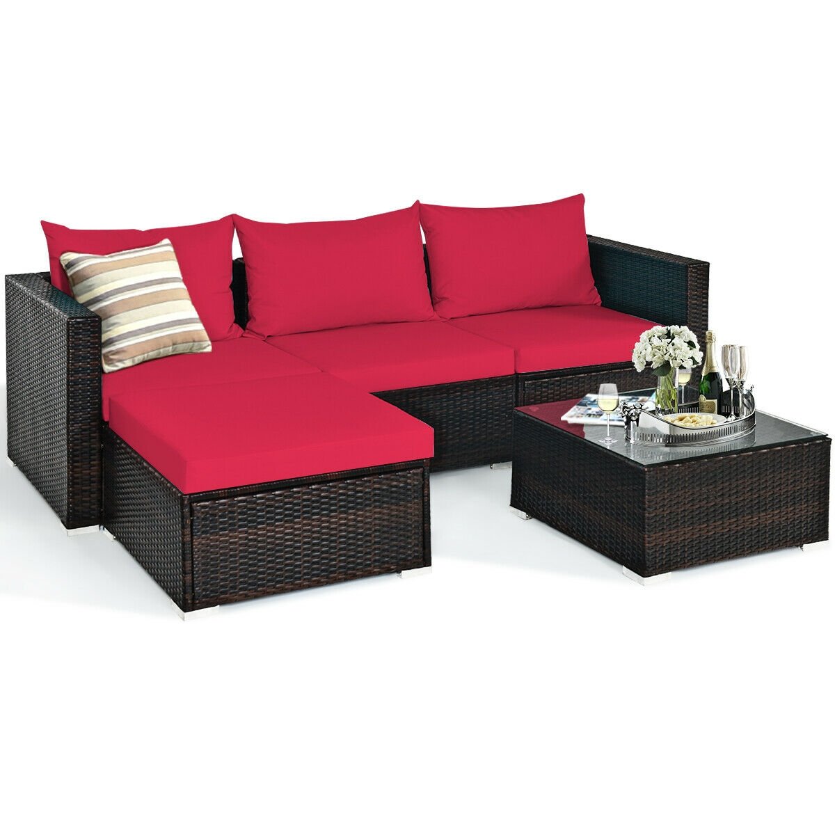 5 Pieces Patio Rattan Sectional Furniture Set with Cushions and Coffee Table, Red - Gallery Canada