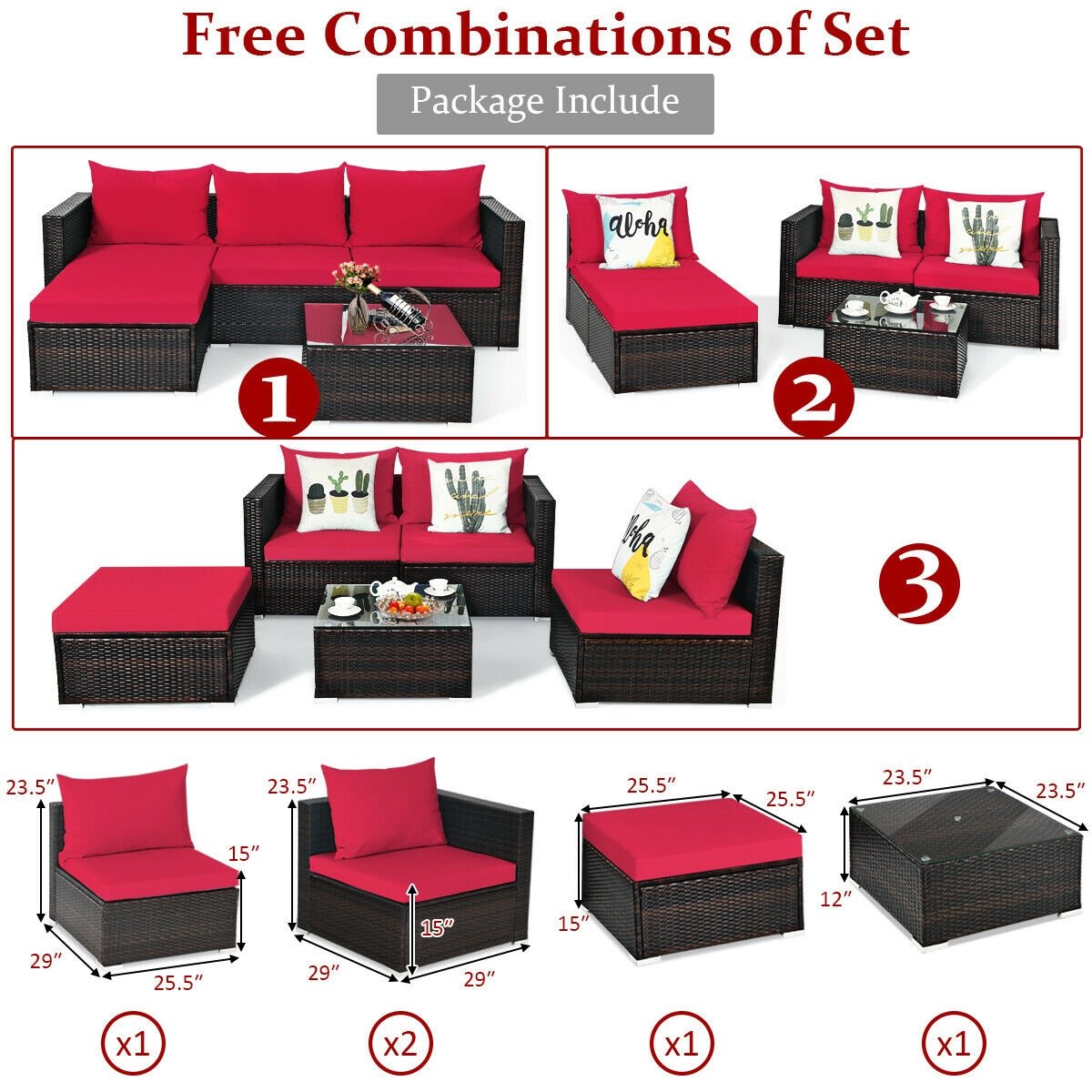 5 Pieces Patio Rattan Sectional Furniture Set with Cushions and Coffee Table, Red - Gallery Canada