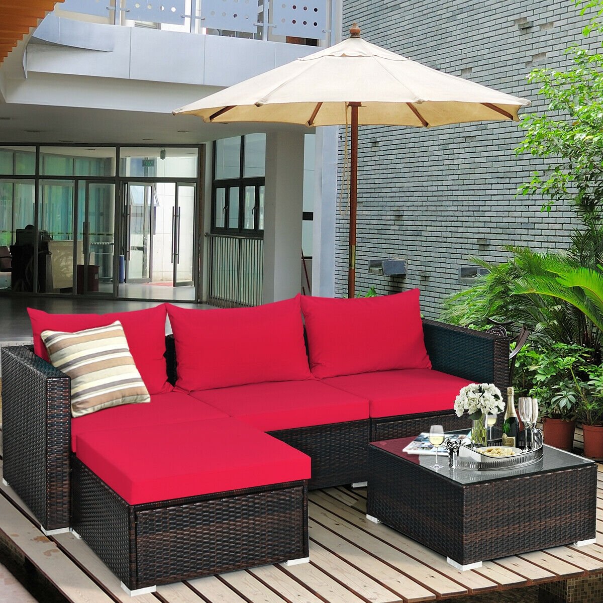 5 Pieces Patio Rattan Sectional Furniture Set with Cushions and Coffee Table, Red Outdoor Sectionals   at Gallery Canada