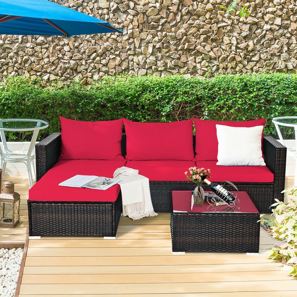 5 Pieces Patio Rattan Sectional Furniture Set with Cushions and Coffee Table, Red Outdoor Sectionals   at Gallery Canada