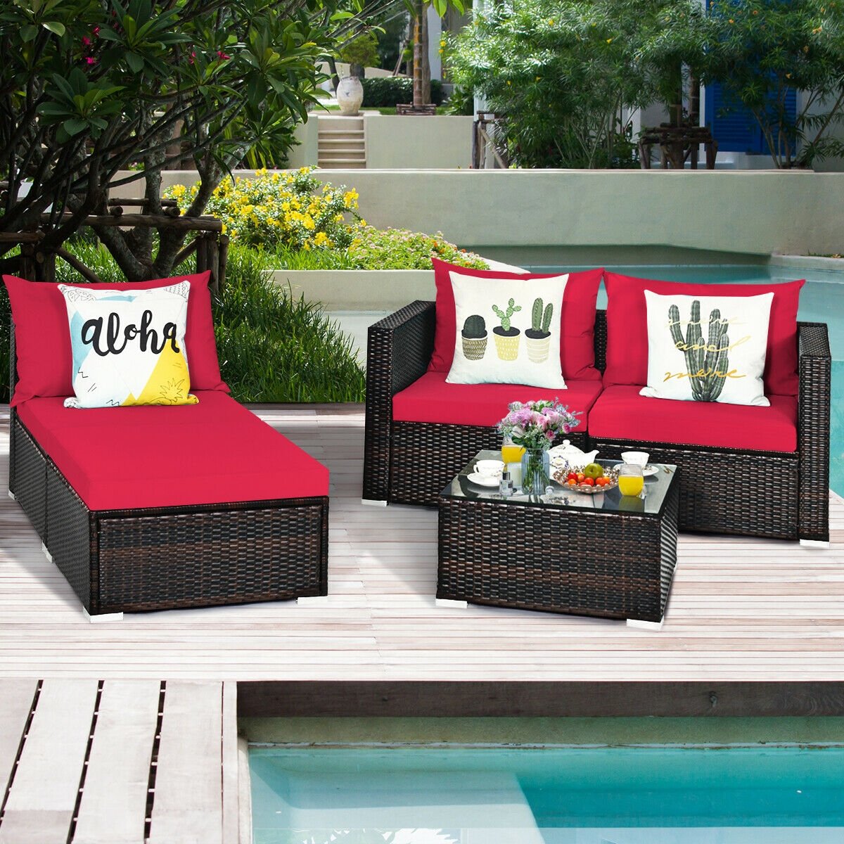 5 Pieces Patio Rattan Sectional Furniture Set with Cushions and Coffee Table, Red Outdoor Sectionals   at Gallery Canada