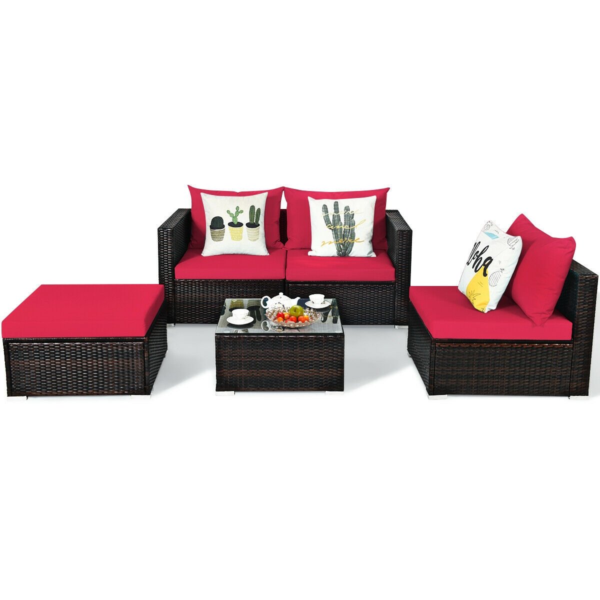 5 Pieces Patio Rattan Sectional Furniture Set with Cushions and Coffee Table, Red Outdoor Sectionals   at Gallery Canada