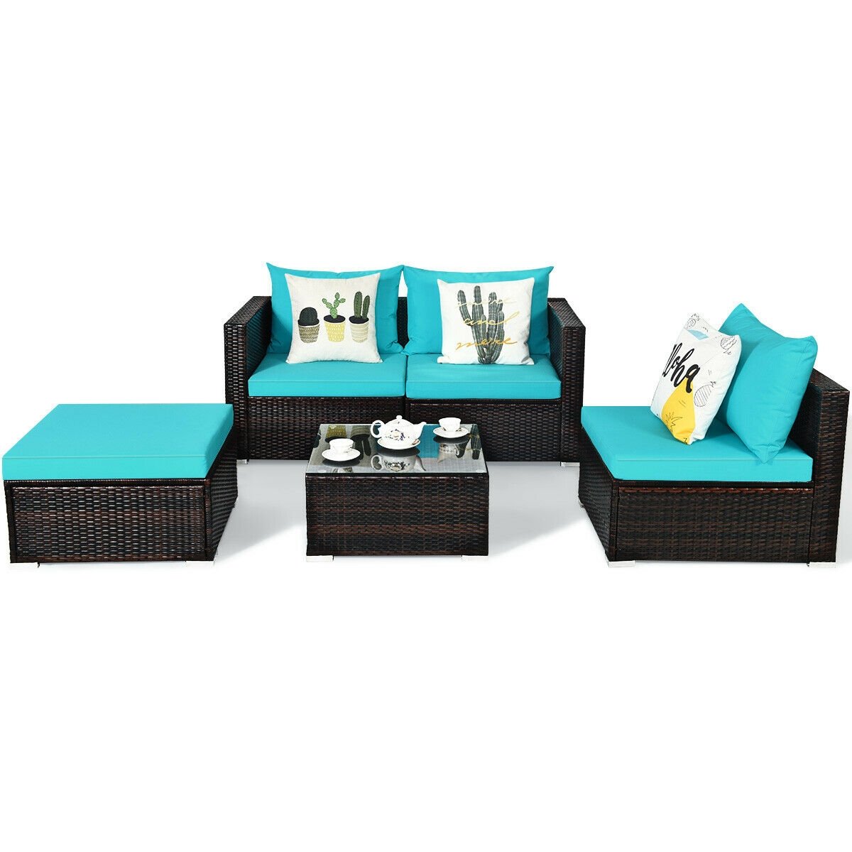 5 Pieces Patio Rattan Furniture Set with Coffee Table, Turquoise Outdoor Sectionals   at Gallery Canada